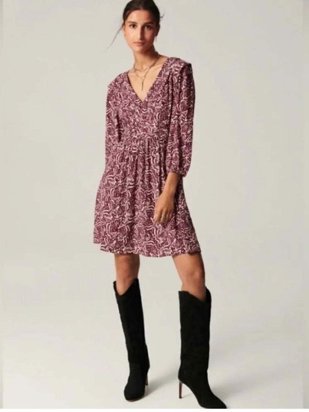 ba&sh “Lia” Burgundy and Cream Long Sleeve Printed Dress